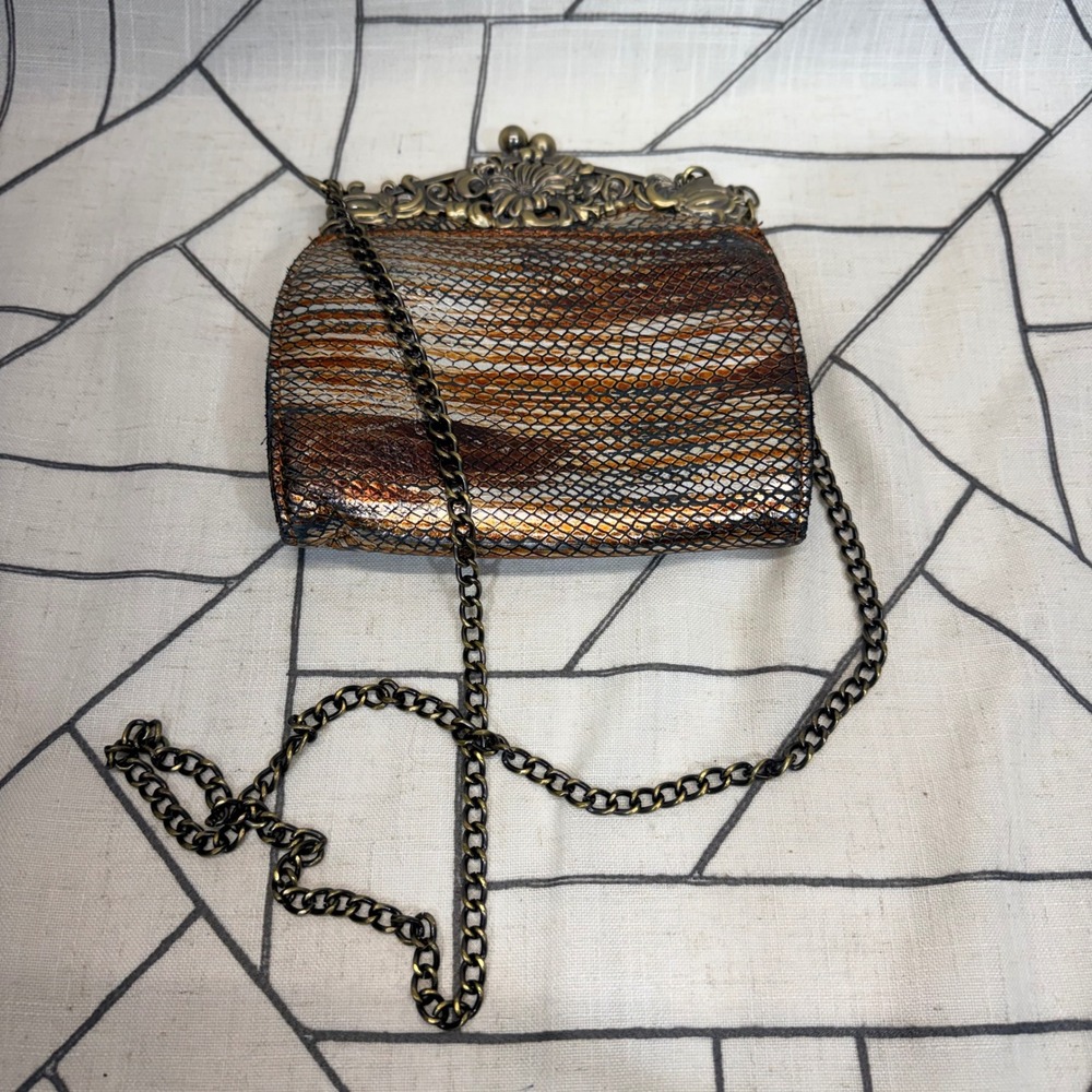 Patricia Nash Crossbody Clutch Small Bronze Metallic Snakeskin Kiss Lock Bag